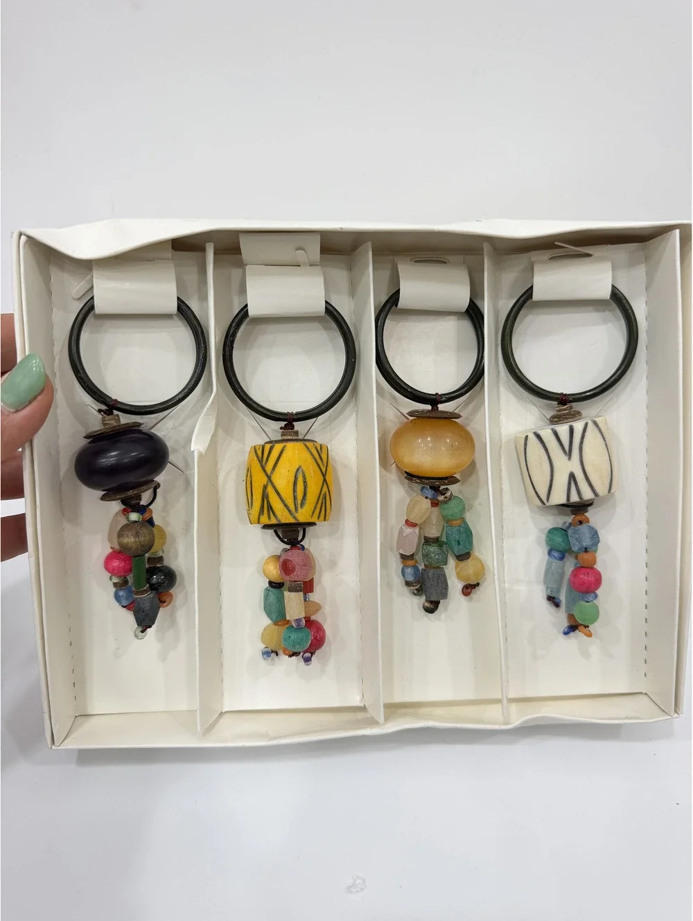 Pier 1 imports Set of 4 Beaded Boho Napkin Holder Rings Hand Carved